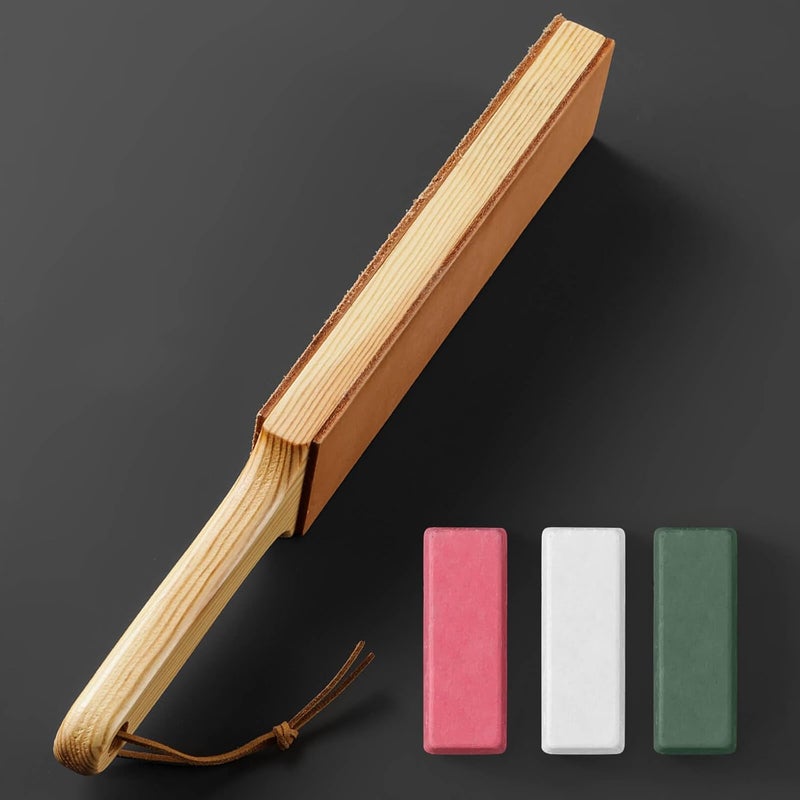 Angerstone Double Side Leather Strop for Knife Sharpening - 14"x 2" Stropping Block Kit with Polishing Compound, Knife Strop with Ergonomic Handle for Honing Knives, Woodworking Chisels - Image 5